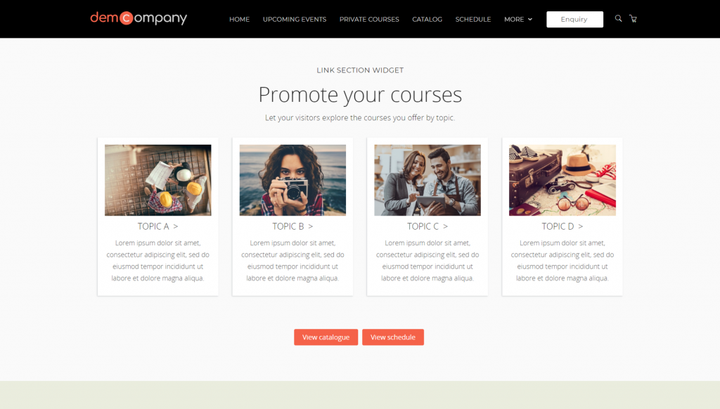 Training company homepage widget example - topic based.